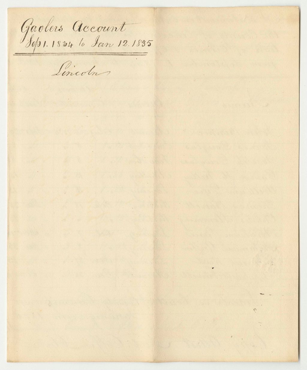 Miniature of Account of Samuel Holbrook, Underkeeper of the State's Gaol in Wiscasset in the County of Lincoln for Support of Prisoners Therein Confined on Charges or Conviction of Crimes and Offences Against the State and Which by Law is Chargeable to the State from September 1st 1834 to January 12th 1835
