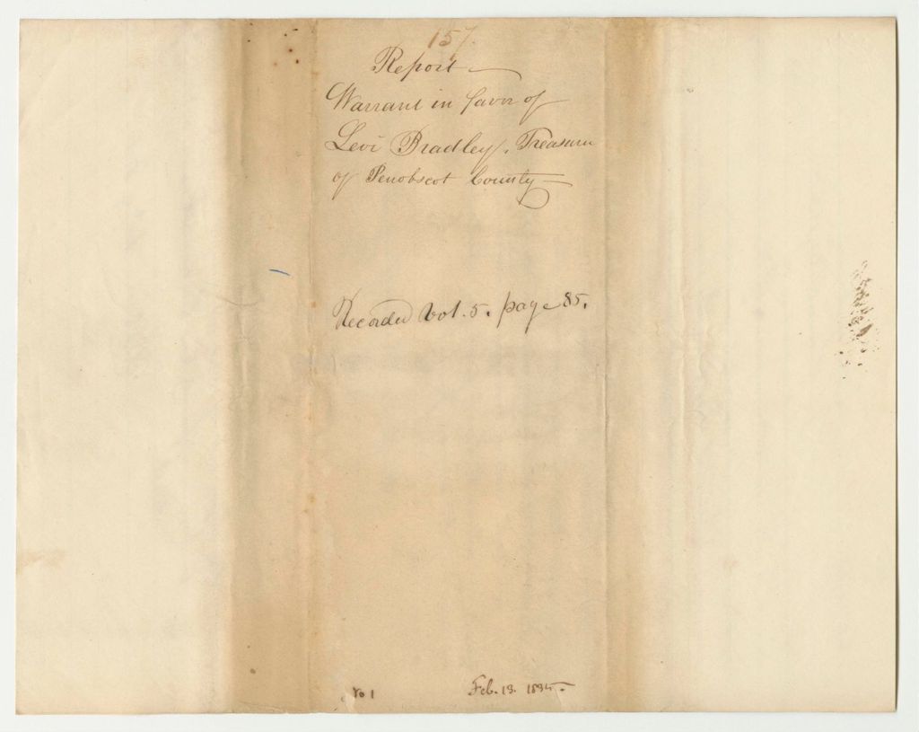 Miniature of Report 157: Warrant in Favor of Levi Bradley, Treasurer of Penobscot County