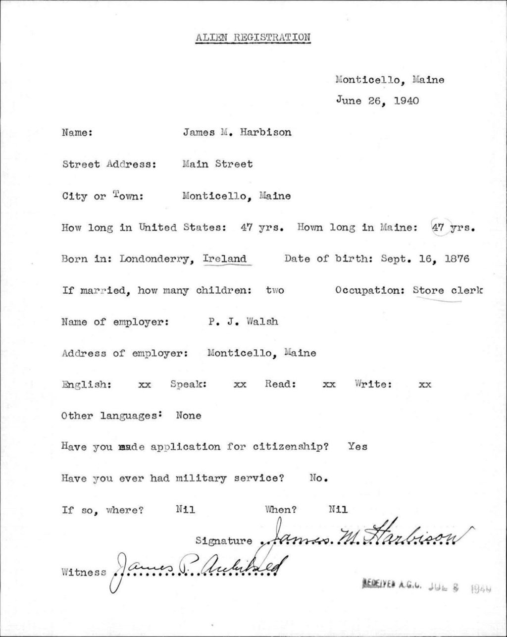 Miniature of Alien Registration- Harbison, James M. (Monticello, Aroostook County)