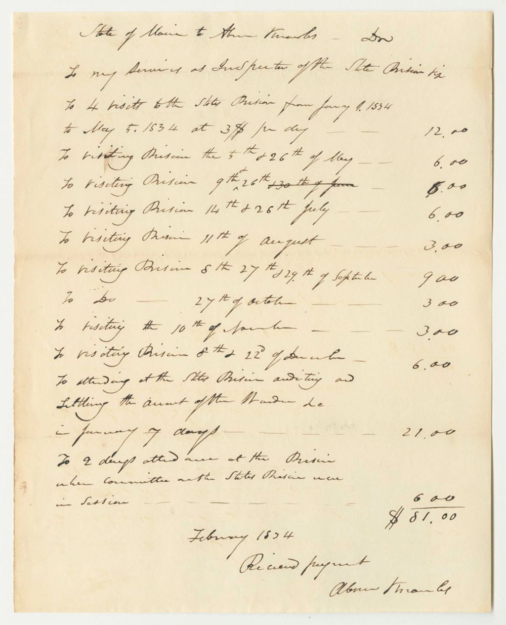 Miniature of Account of Abner Knowles, for Services as Inspector of the State Prison