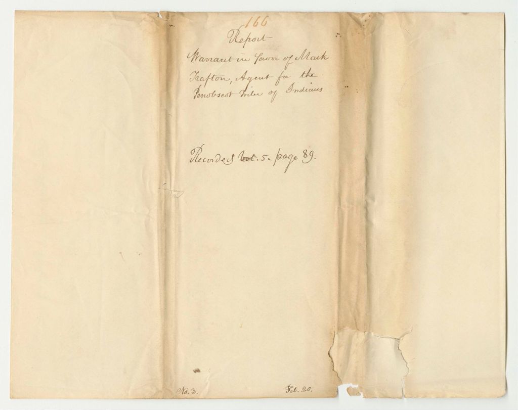 Miniature of Report 166: Warrant in Favor of Mark Trafton, Agent for the Penobscot Indians