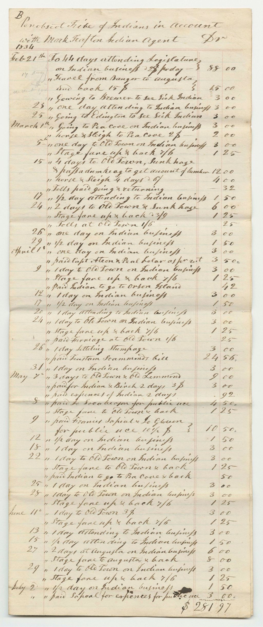 Miniature of Penobscot Tribe of Indians Account with Mark Trafton, Agent, for 1834