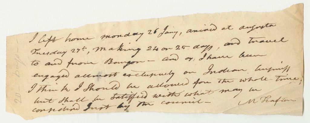 Miniature of Communication from Mark Trafton to the Council, Regarding His Travel as Agent of the Passamaquoddy Tribe