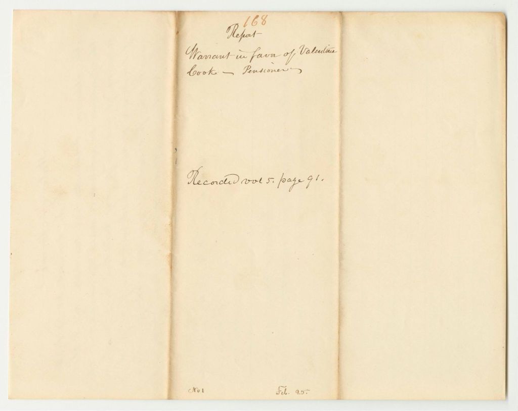Miniature of Report 168: Warrant in Favor of Valentine Cook, Pensioner