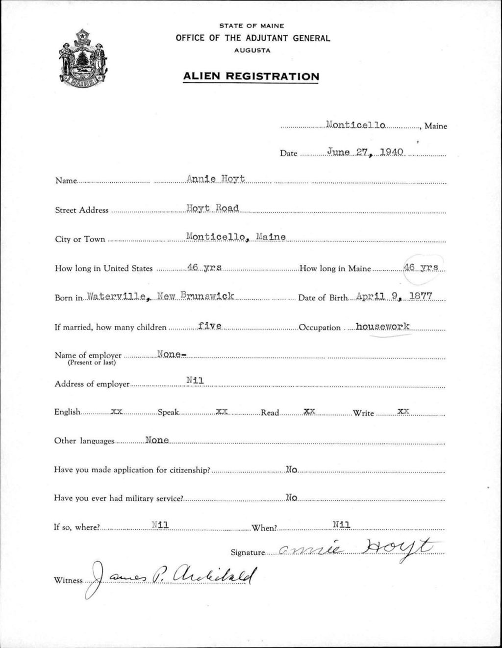Miniature of Alien Registration- Hoyt, Annie (Monticello, Aroostook County)