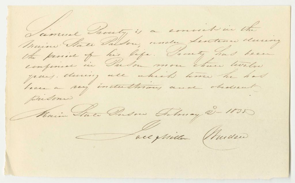 Miniature of Certificate of Joel Miller, Warden, on the Conduct of Samuel Prouty in Prison