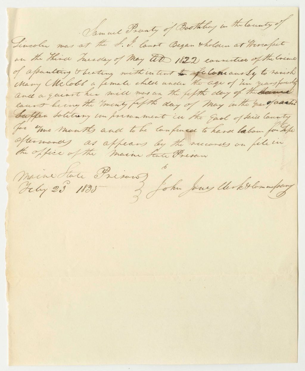 Miniature of Sentence Against Samuel Prouty, Written by John Jones, Clerk of the Maine State Prison