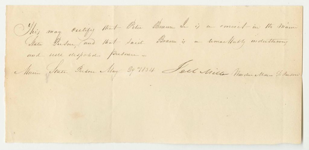 Miniature of Certificate of Joel Miller, Warden, of the Conduct of Peter Braun, Jr., in Prison