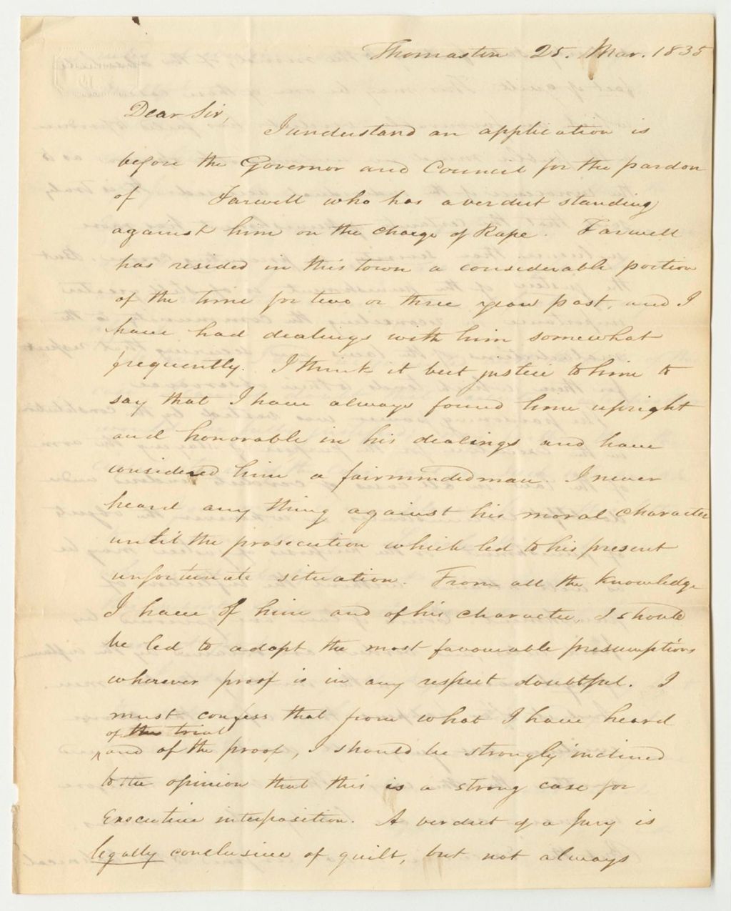 Miniature of Communication from John Ruggles, in Favor of the Petition for the Pardon of Nathan Farwell
