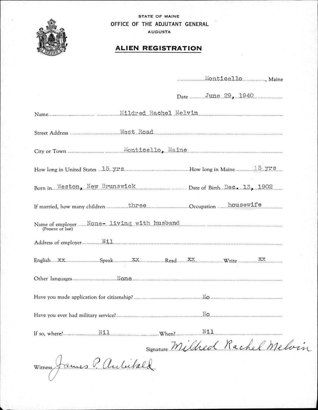 Miniature of Alien Registration- Melvin, Mildred R. (Monticello, Aroostook County)
