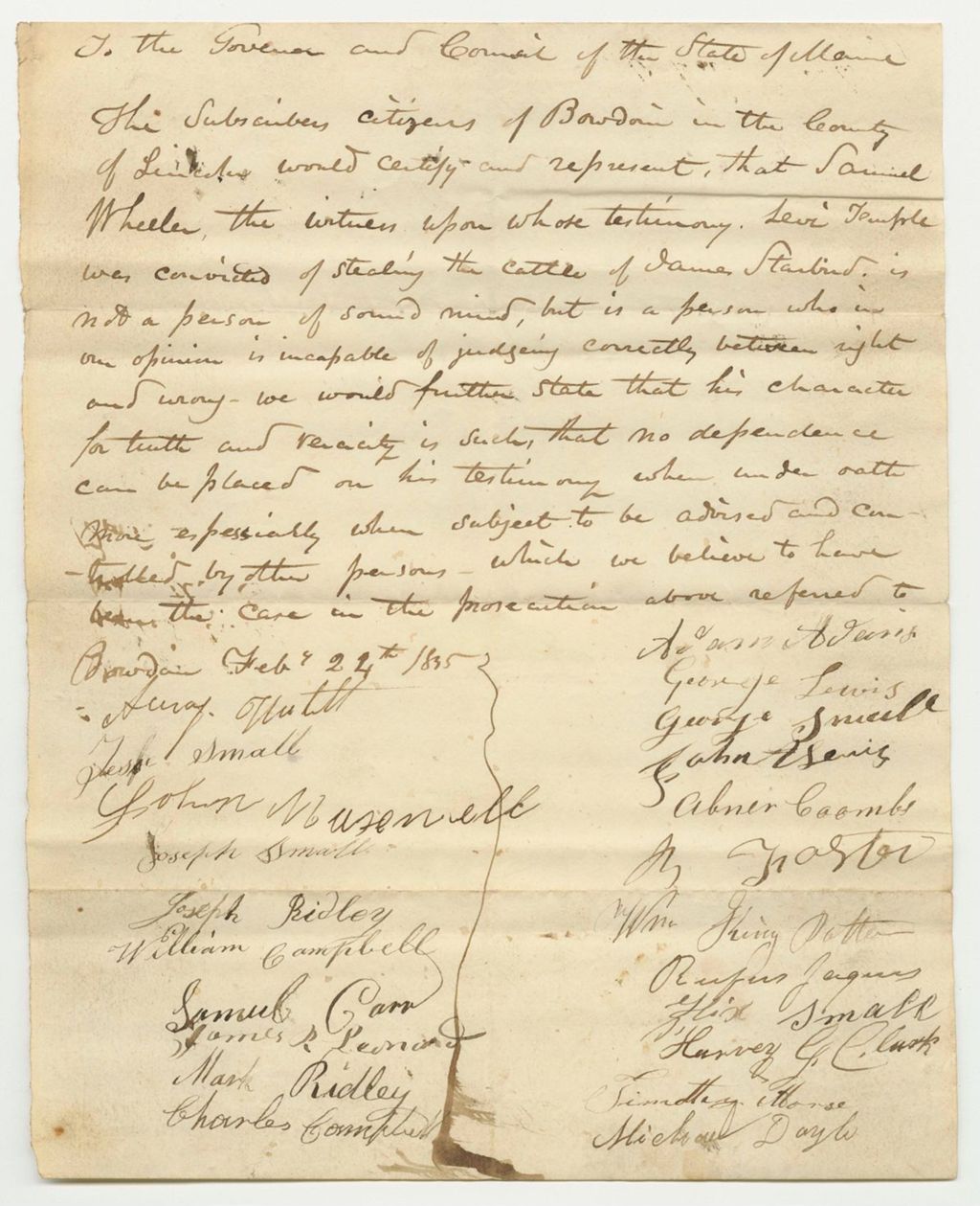 Miniature of Certificate of the Citizens of Bowdoin That Samuel Wheeler, Witness in State v. Levi Temple, Is Not of Sound Mind