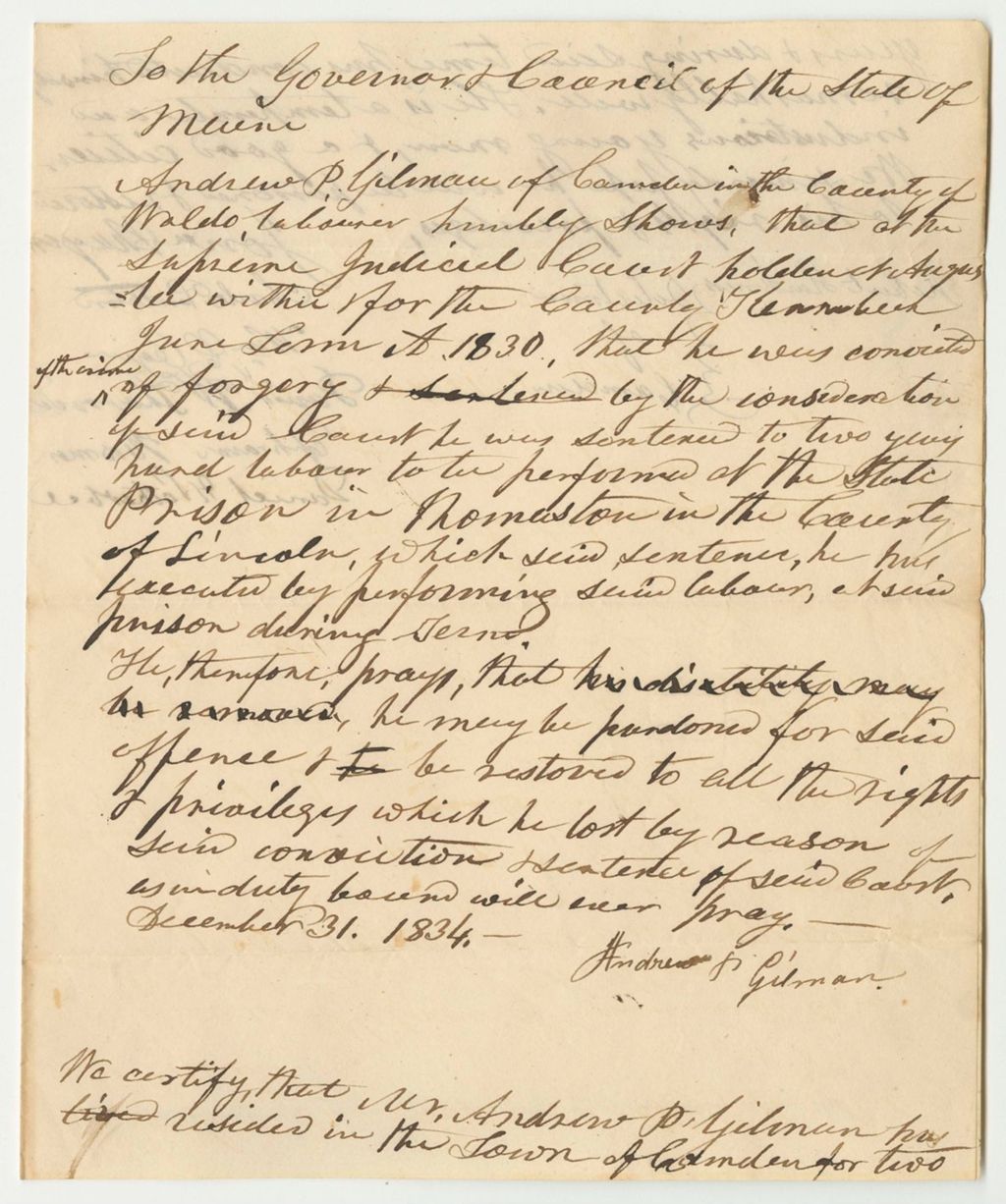 Miniature of Petition of Andrew P. Gilman for a Pardon