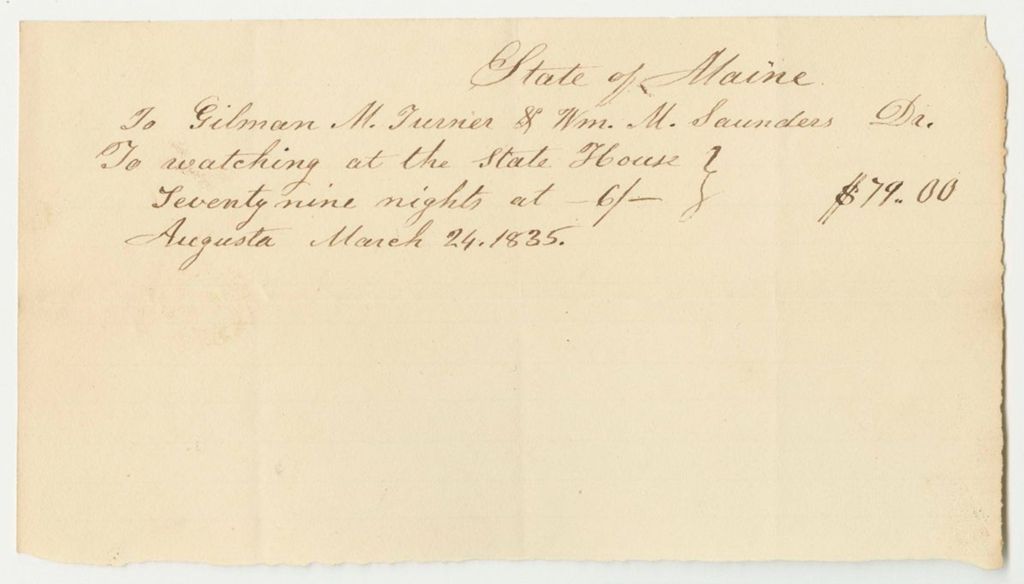 Miniature of Gilman Turner and William M. Saunders' Bill for Watching the Public Buildings During This Session of the Legislature