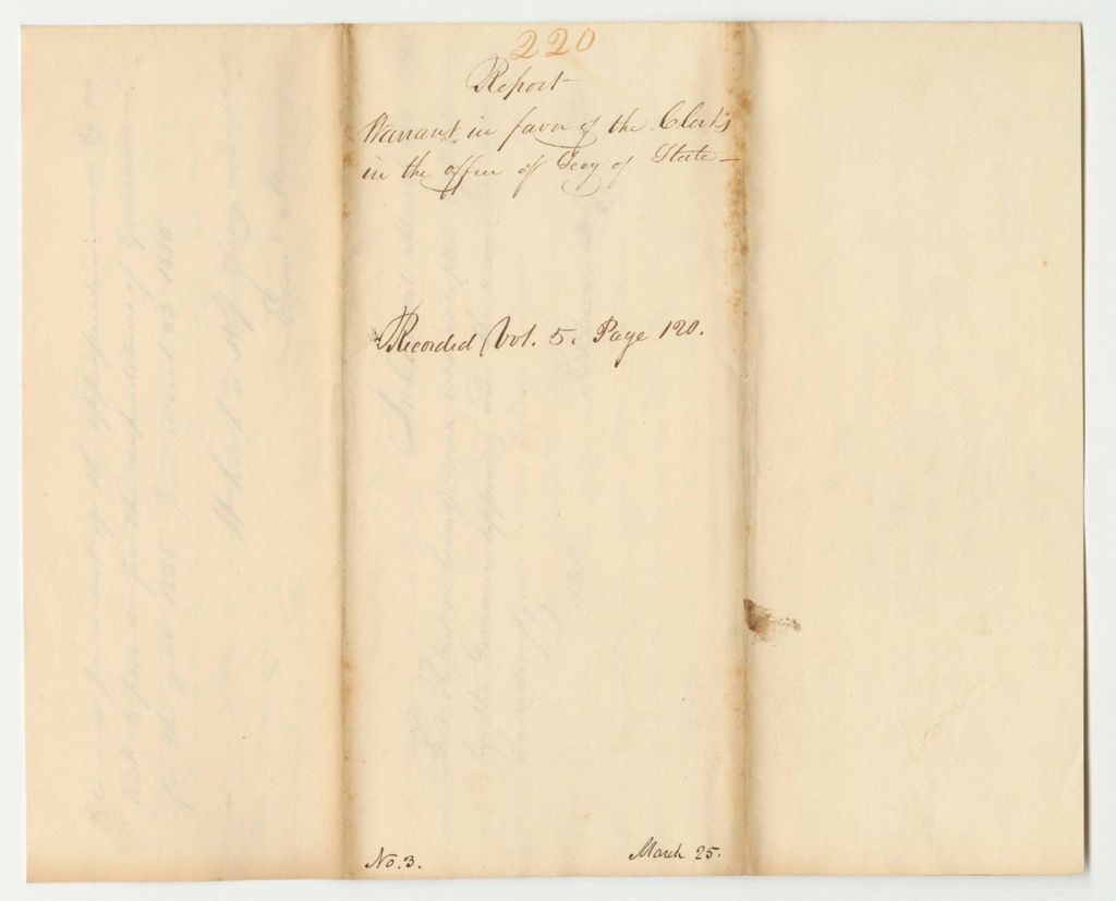 Miniature of Report 220: Warrant in Favor of the Clerks in the Office of the Secretary of State
