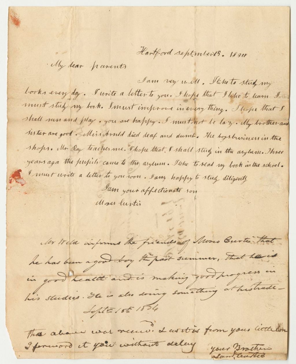 Miniature of Communication from Moses Curtis, at the American Asylum in Hartford, to His Parents