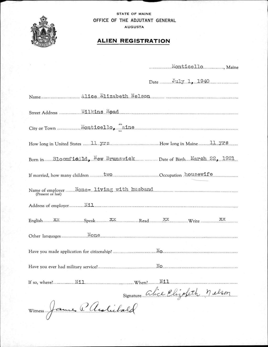 Miniature of Alien Registration- Nelson, Alice E. (Monticello, Aroostook County)