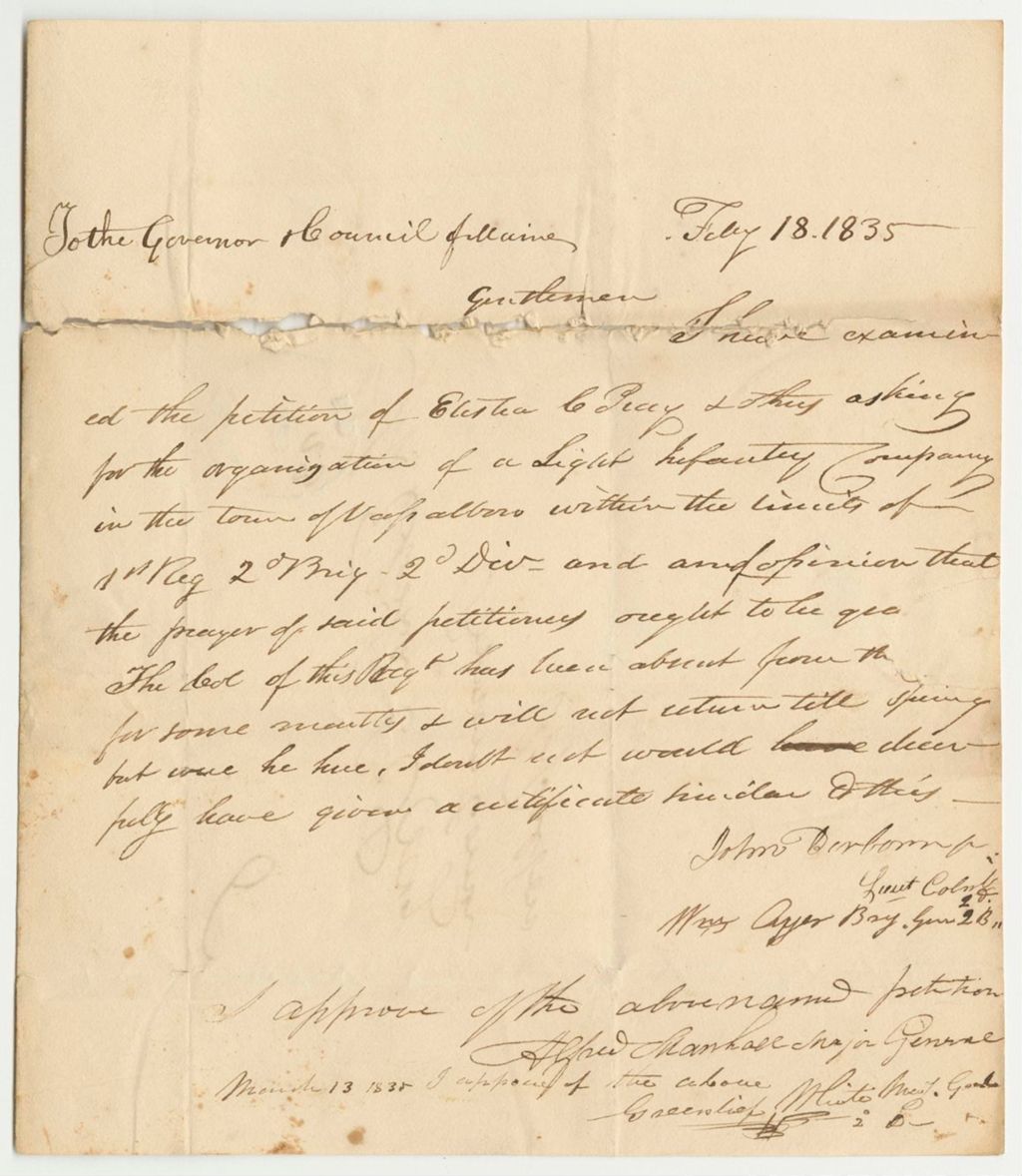 Miniature of Communication from John Burborn, in Favor of the Petition for the Organization of a Light Infantry Company in Vassalboro