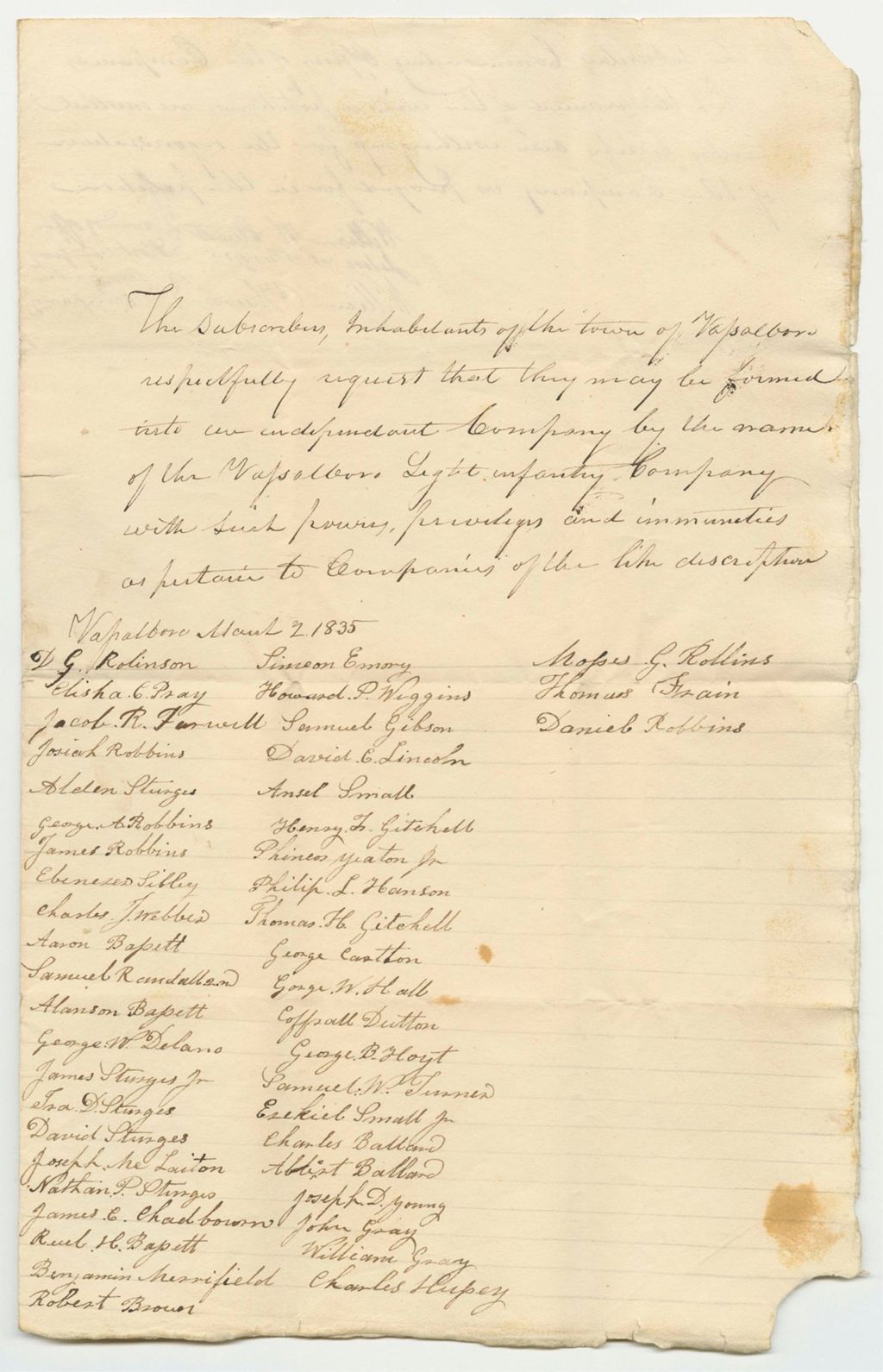 Miniature of Petition of the Inhabitants of Vassalboro for an Independent Company, Called the Vassalboro Light Infantry