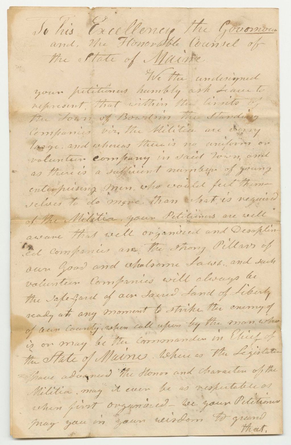 Miniature of Petition for the Organization of a Rifle Company in Bowdoin