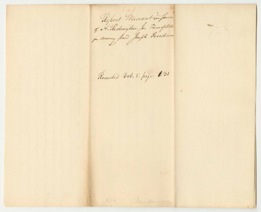 Miniature of Report 241: Warrant in Favor of Asa Redington Jr., State Treasurer, for Money Paid to Joseph Soccobason