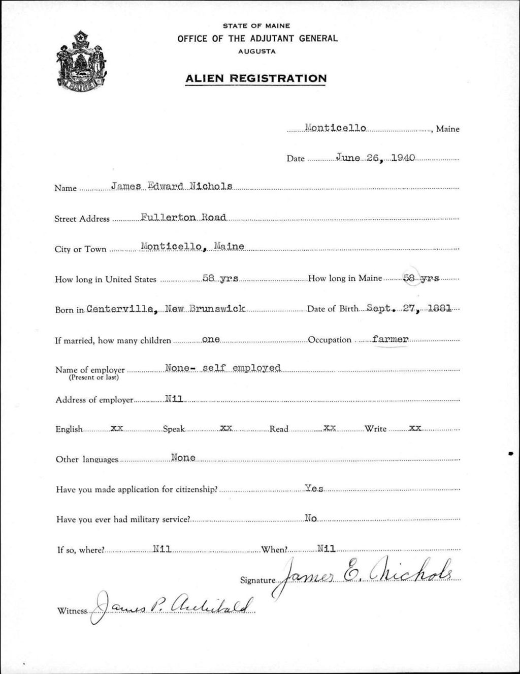 Miniature of Alien Registration- Nichols, James E. (Monticello, Aroostook County)