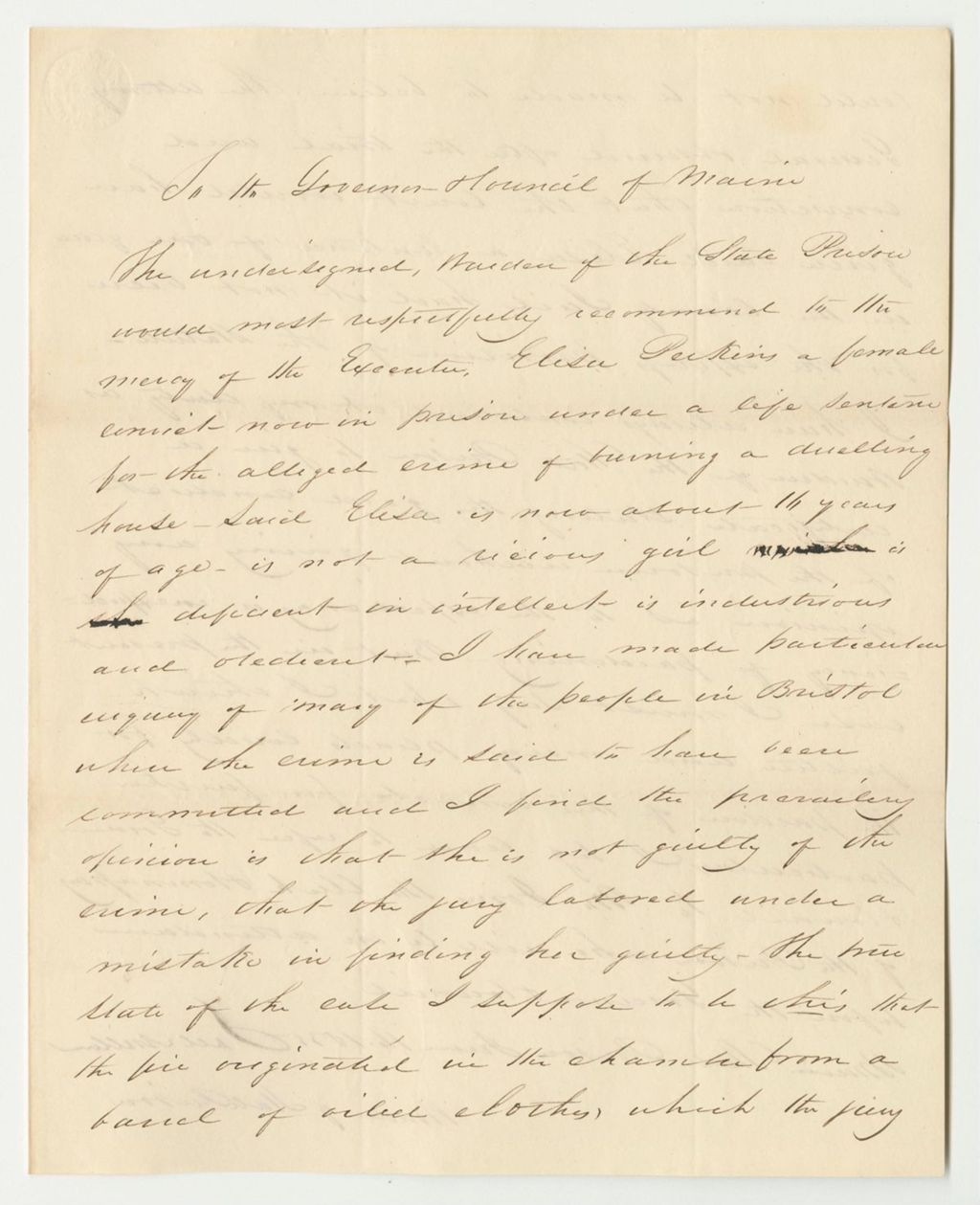 Miniature of Petition of Joel Miller, Warden of the State Prison, for the Pardon of Eliza Perkins