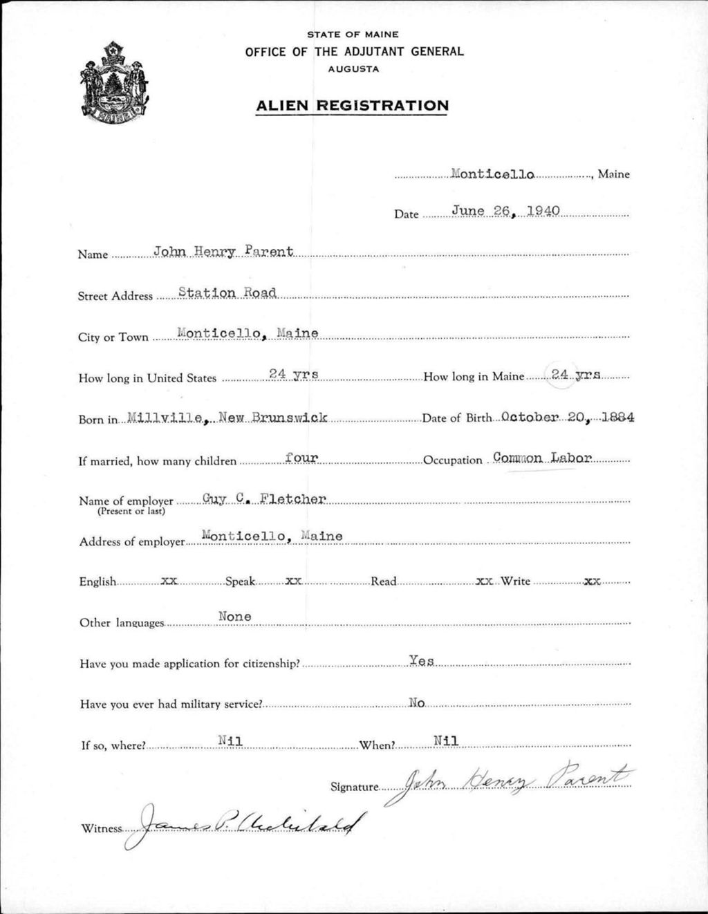 Miniature of Alien Registration- Parent, John H. (Monticello, Aroostook County)