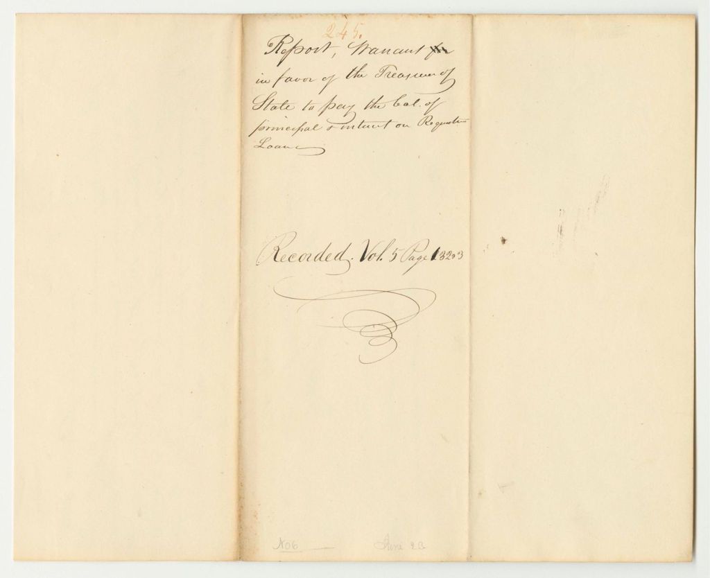 Miniature of Report 245: Warrant in Favor of Asa Redington Jr., State Treasurer, to Pay the Balance of Principal and Interest on Requisition Loans