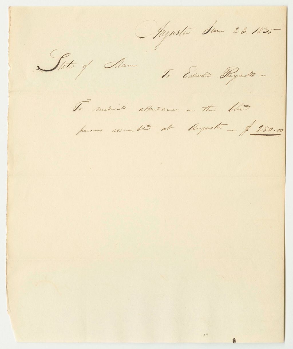Miniature of Doctor Edward Reynolds's Bill for Medical Attention Upon the Blind Assembled at Augusta