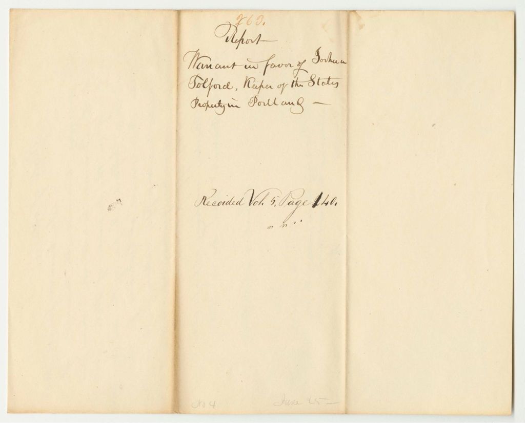 Miniature of Report 263: Warrant in Favor of Joshua Tolford, Keeper of the State's Property in Portland