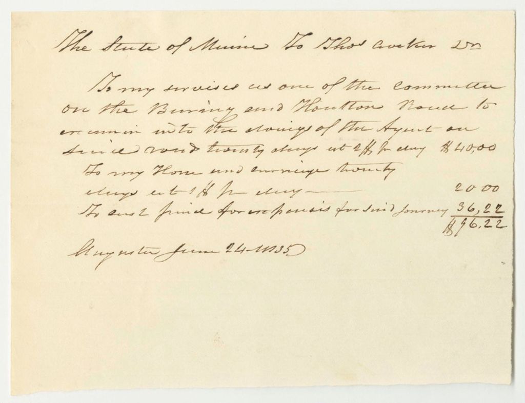 Miniature of Thomas Crocker's Bill for Services as One of the Committee to Examine the Baring and Houlton Road