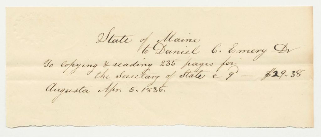 Miniature of Accounts of Daniel C. Emery, James L. Child, Asa Redington, Jr., Samuel L. Harris, Samuel Banister, Philip C. Johnson, Asaph R. Nichols, Dudley P. Bailey, Clerks in the Office of the Secretary of State