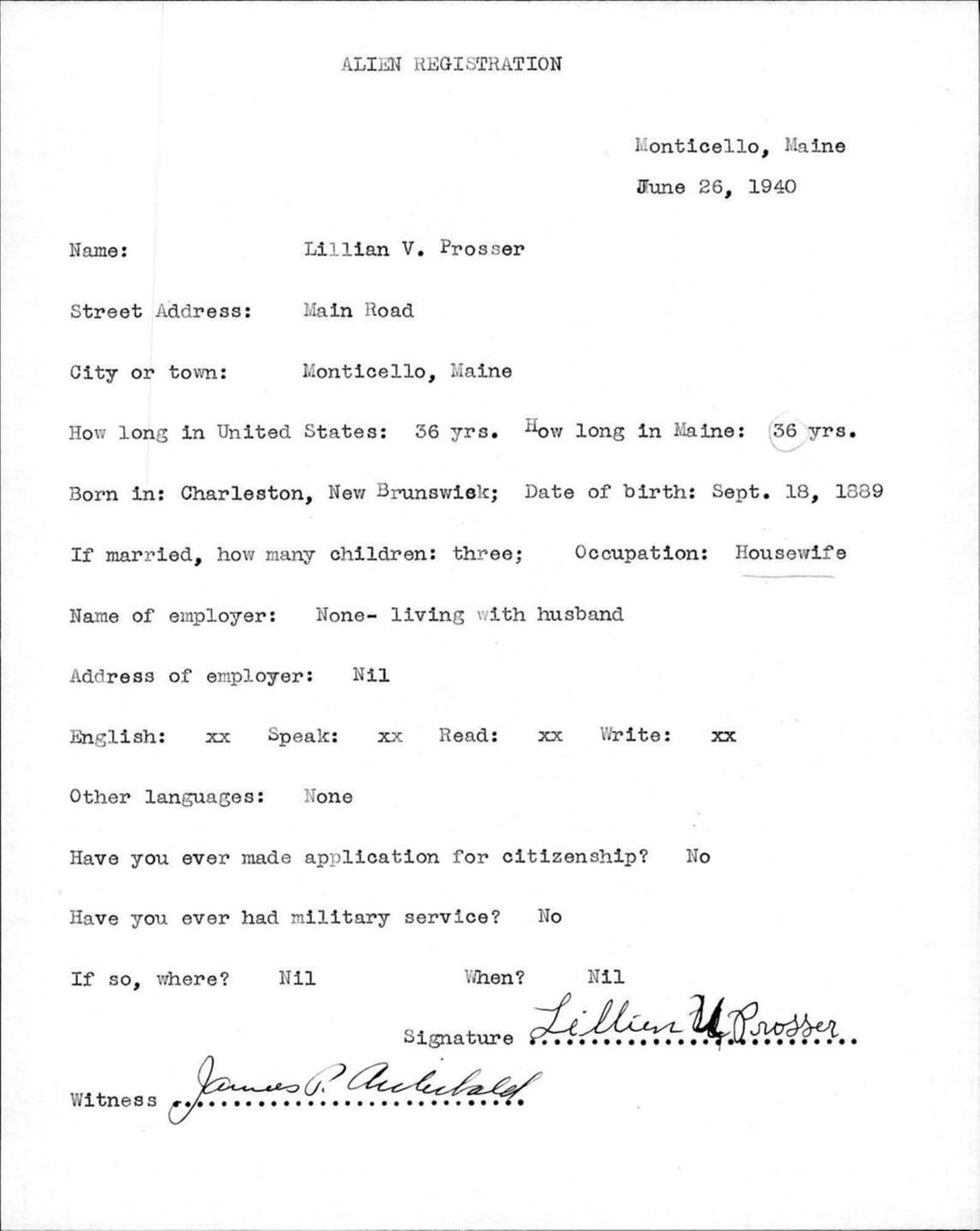 Miniature of Alien Registration- Prosser, Lillian V. (Monticello, Aroostook County)
