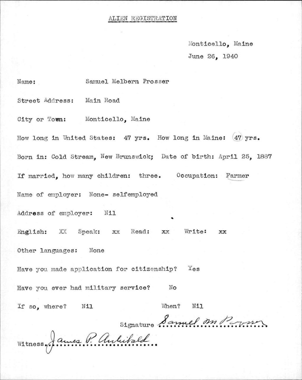 Miniature of Alien Registration- Prosser, Samuel M. (Monticello, Aroostook County)