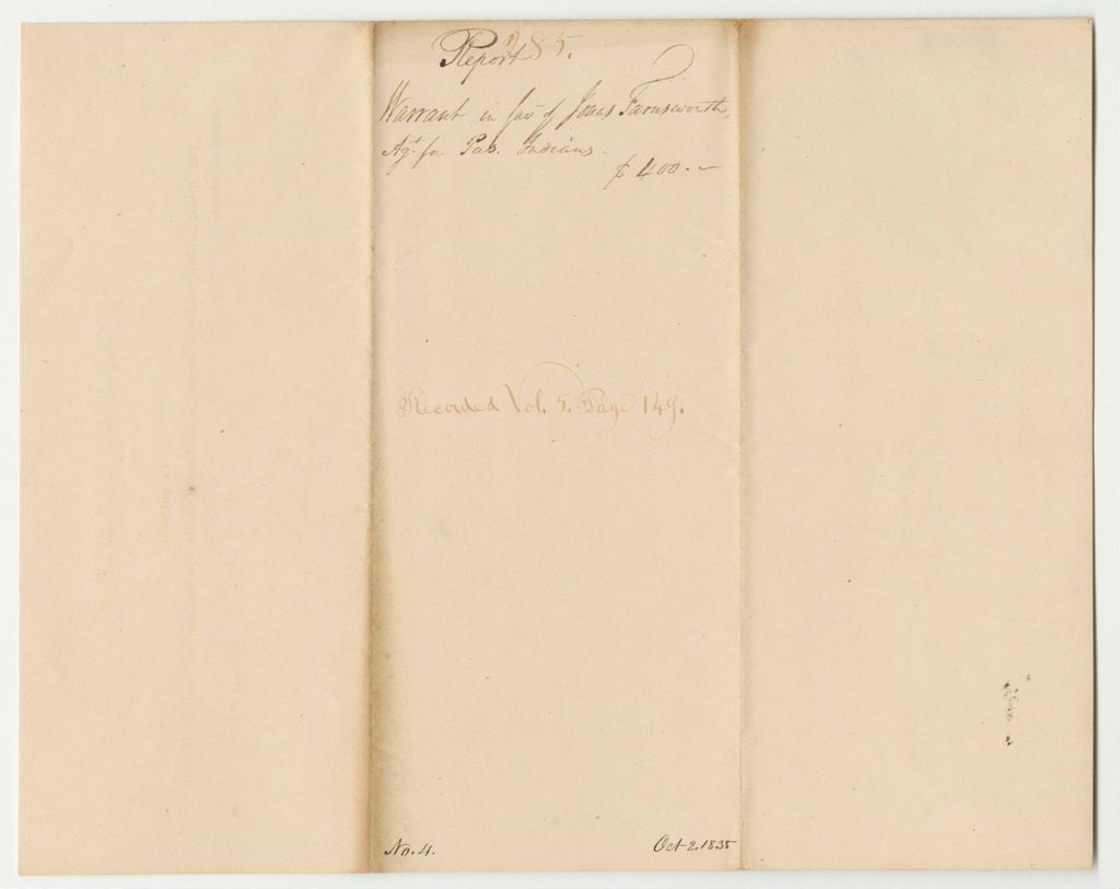 Miniature of Report 285: Warrant in Favor of Jonas Farnsworth, Agent for the Passamaquoddy Indians for Building a Church