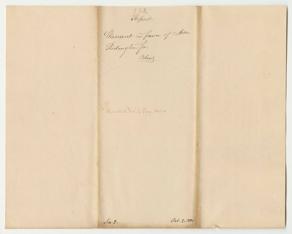 Miniature of Report 283: Warrant in Favor of Asa Redington Jr., for the Blind
