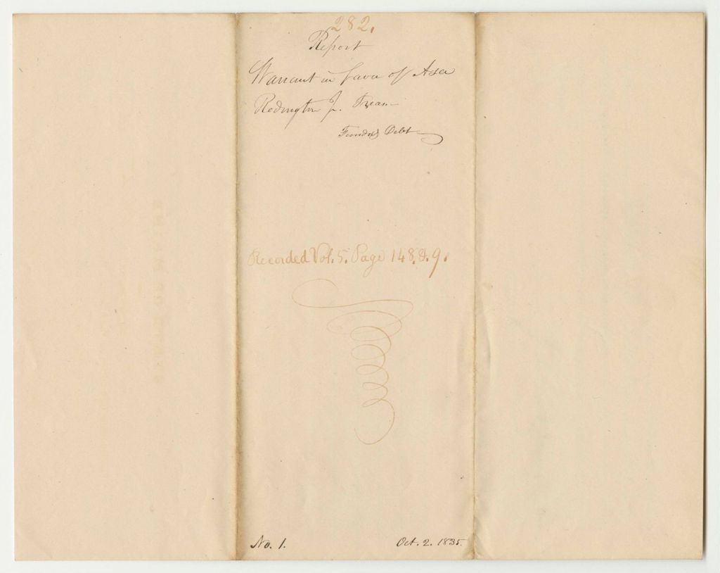 Miniature of Report 282: Warrant in Favor of Ana Redington Jr., State Treasurer, to Pay for the Public Debt