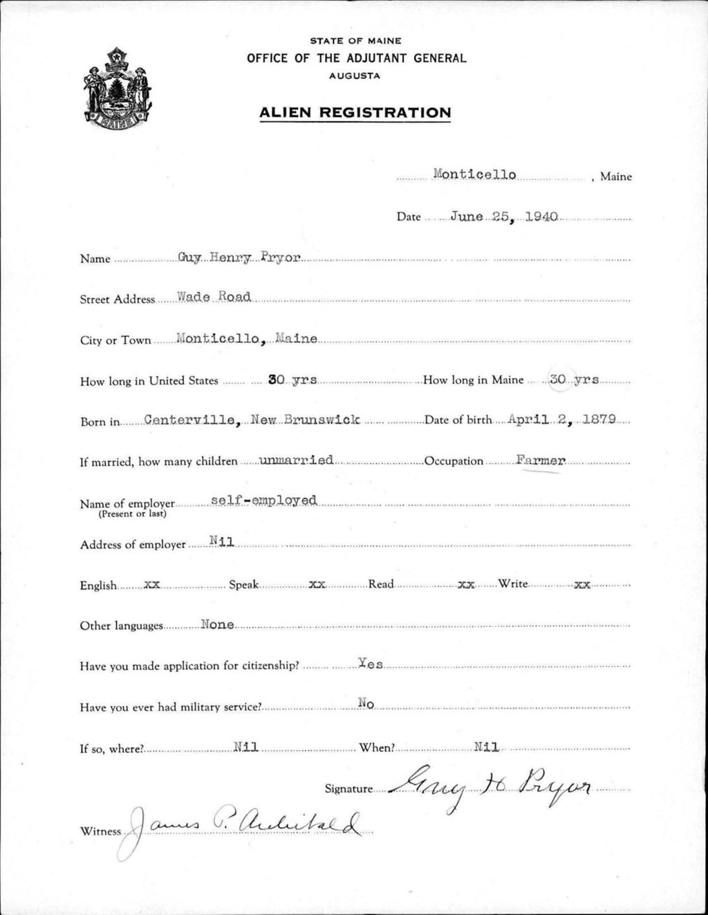 Miniature of Alien Registration- Pryor, Guy H. (Monticello, Aroostook County)