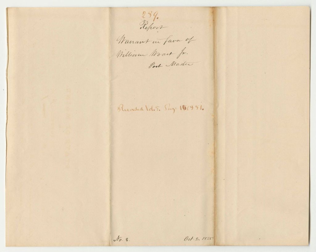 Miniature of Report 289: Warrant in Favor of William Woart Jr., Postmaster of Augusta