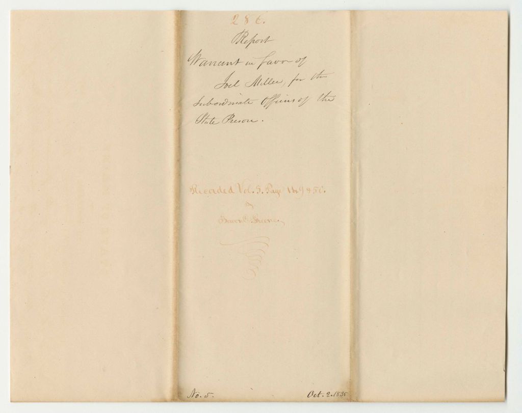 Miniature of Report 286: Warrant in Favor of Joel Miller, for the Subordinate Officers of the State Prison