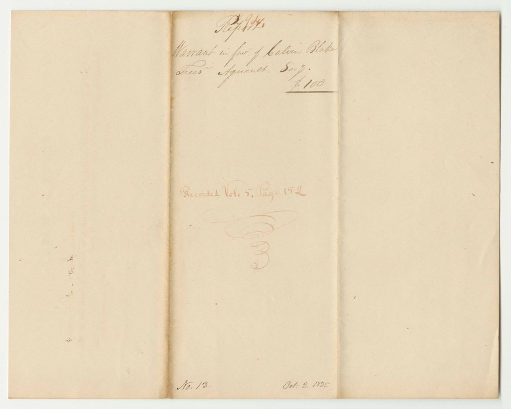 Miniature of Report 294: Warrant in Favor of Calvin Blake, Treasurer of the East Somerset Agricultural Society