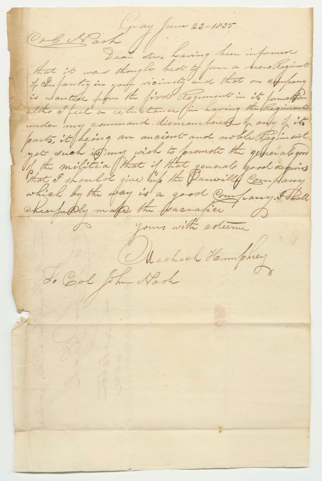 Miniature of Communication from Mechach Humphrey, in Favor of the Petition for a New Regiment in Dansville