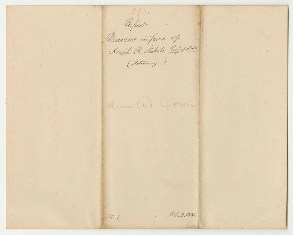 Miniature of Report 298: Warrant in Favor of Asaph R. Nichols, Secretary of State (Stationary)