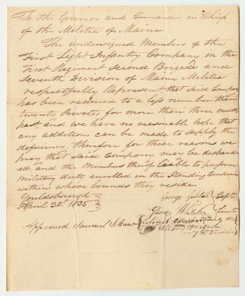 Miniature of Petition of the Members of the First Light Infantry Company in the First Regiment Second Brigade and Seventh Division for the Disbanding of Said Company