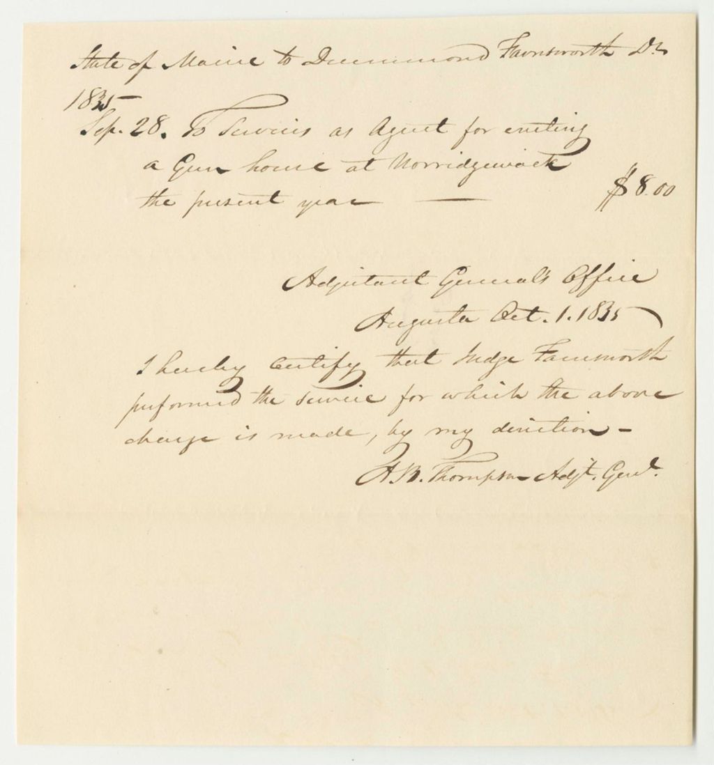 Miniature of Drummond Farnsworth's Bill for Services as Agent for Erecting a Gunhouse in Norridgewock