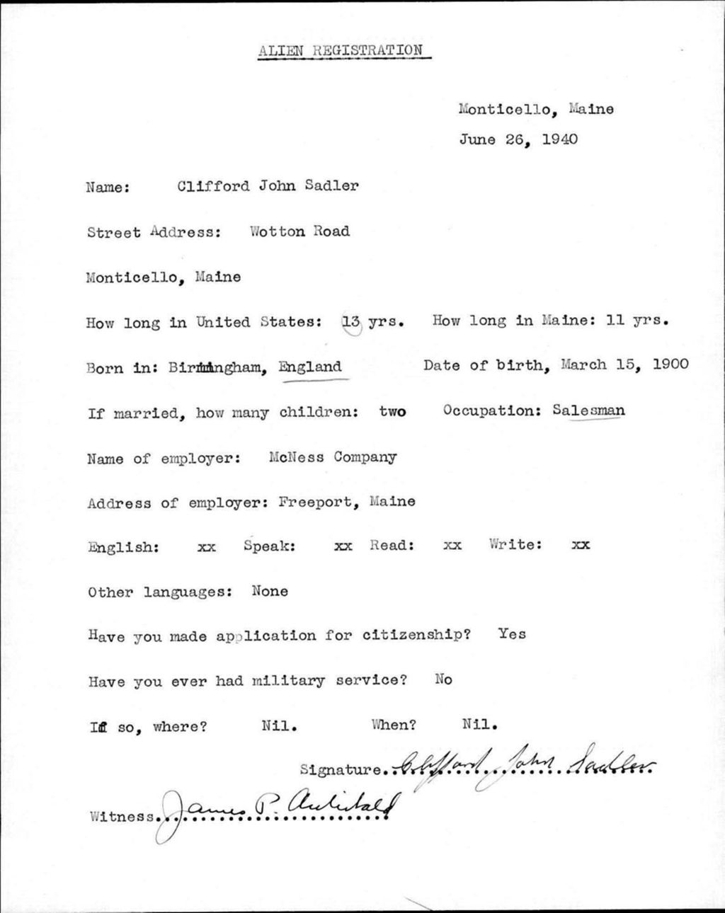 Miniature of Alien Registration- Sadler, Clifford J. (Monticello, Aroostook County)