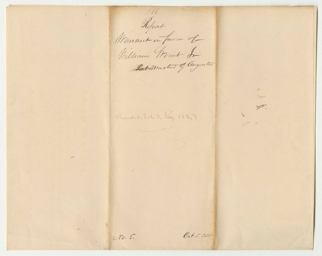Miniature of Report 310: Warrant in Favor of William Woart Jr., Postmaster of Augusta