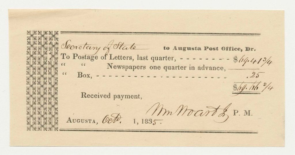 Miniature of Receipts of William Woart Jr., Postmaster of Augusta