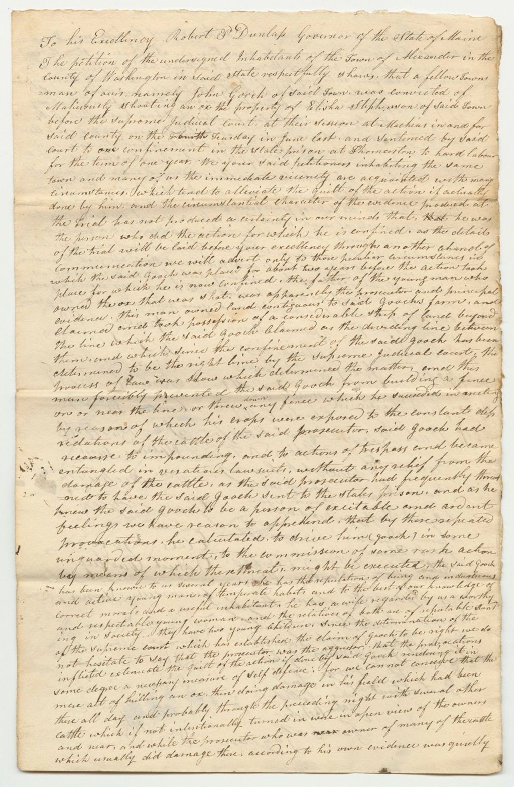 Miniature of Petition of the Inhabitants of the Town of Alexander for the Pardon of John Gooch