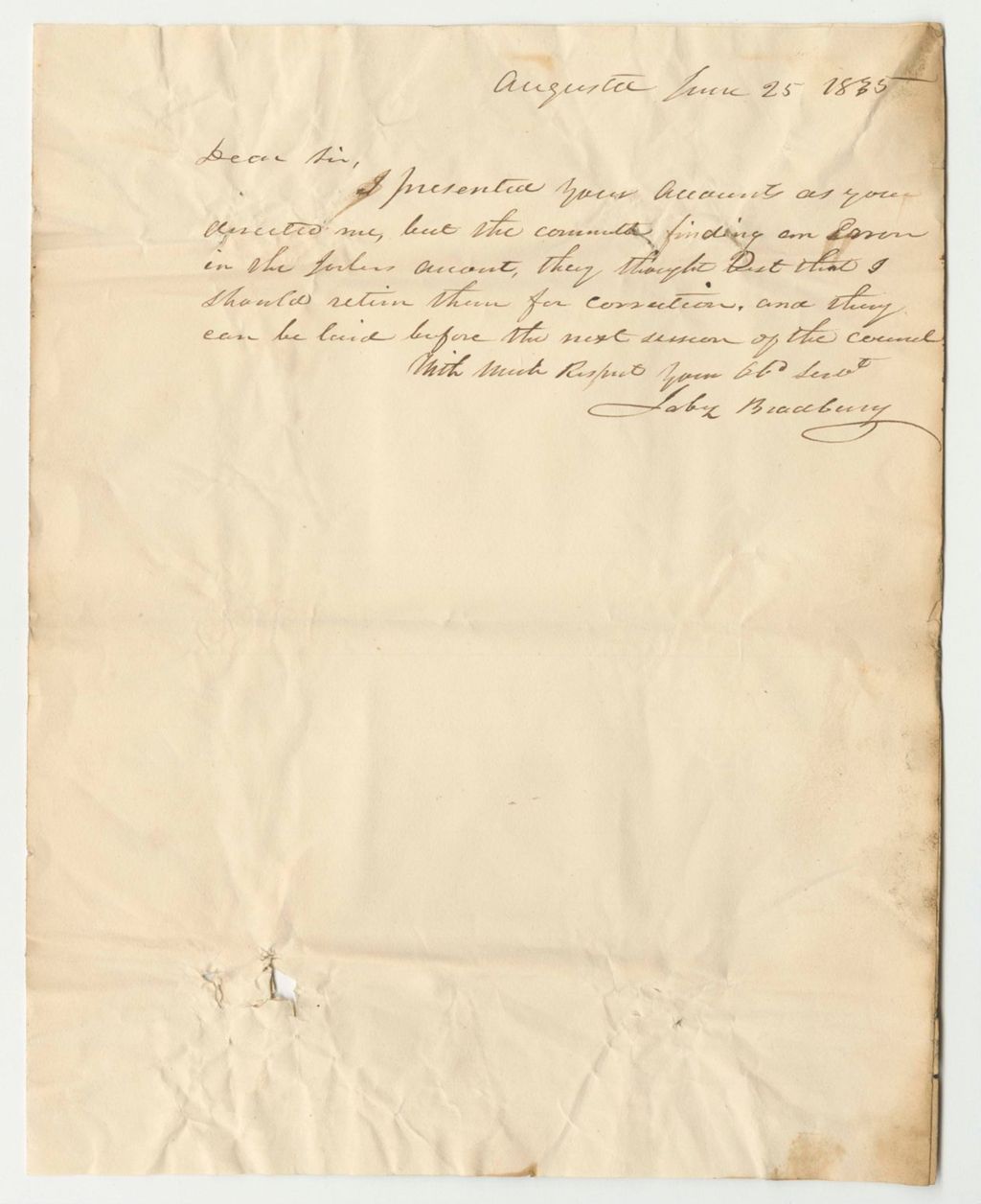 Miniature of Communication from Jabez Bradbury, Relating to Errors in the Gaoler's Account